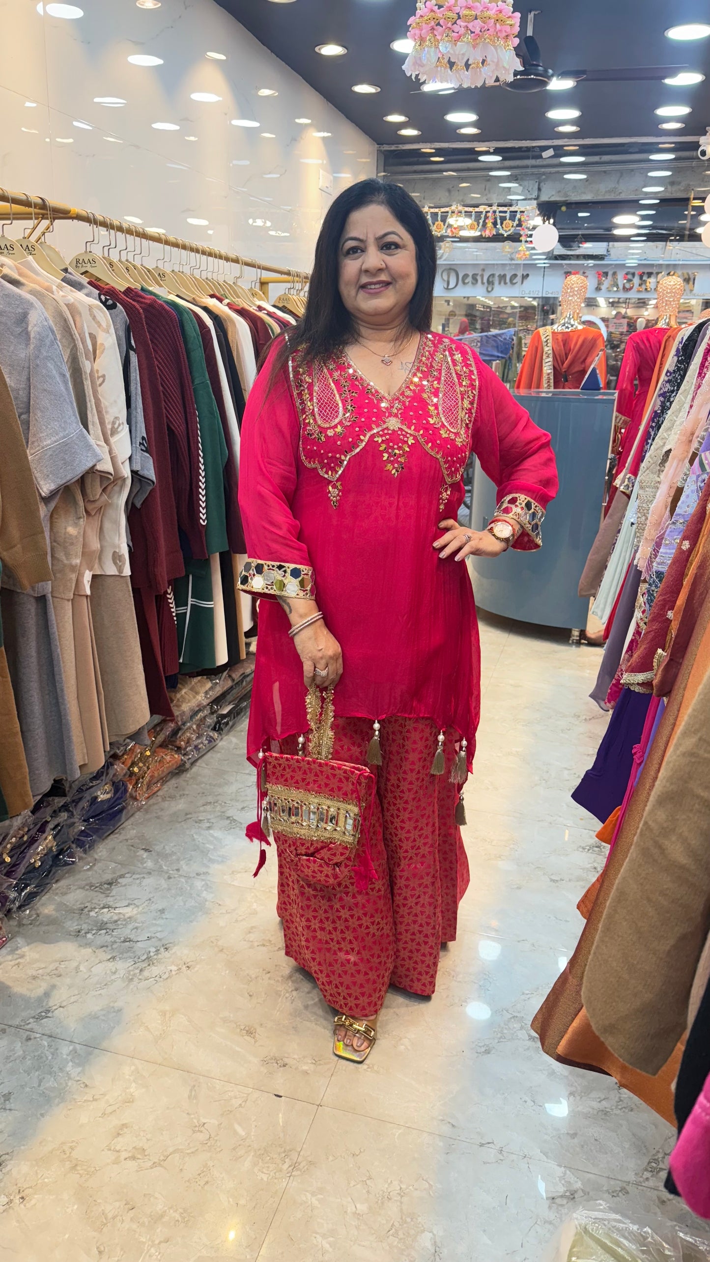 4pc set partywear with banarasi paint nd separate inner and pure organza shirt all handwork with potli bag