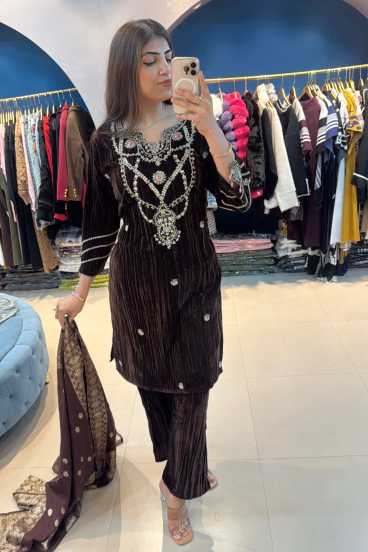 3pc Crushed Velvet Suit With Banarasi Dupatta