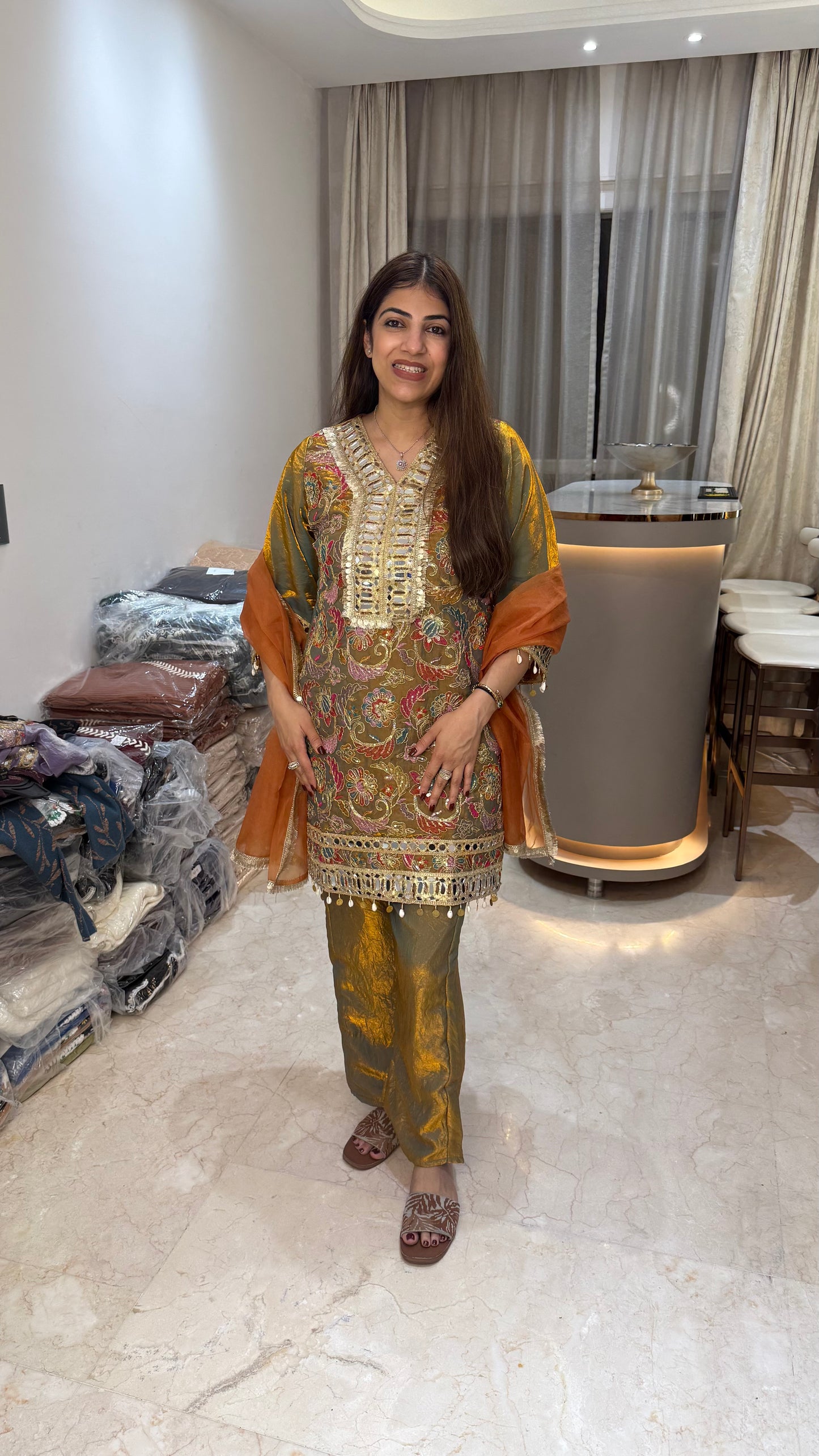 Glass tissue fabric 3pc partywear set with bell bottom nd organza dupatta