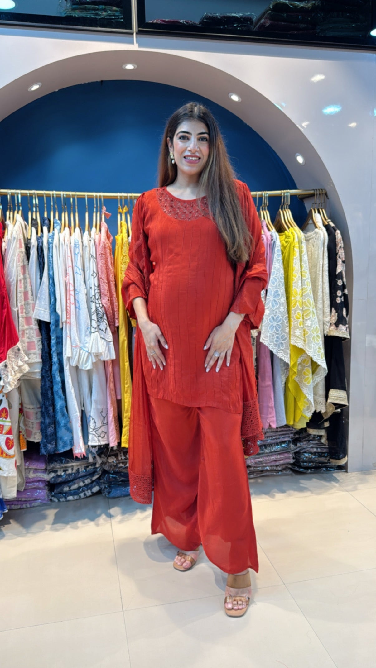 Crepe 3 pc crochet detailing suit with bell bottom pants