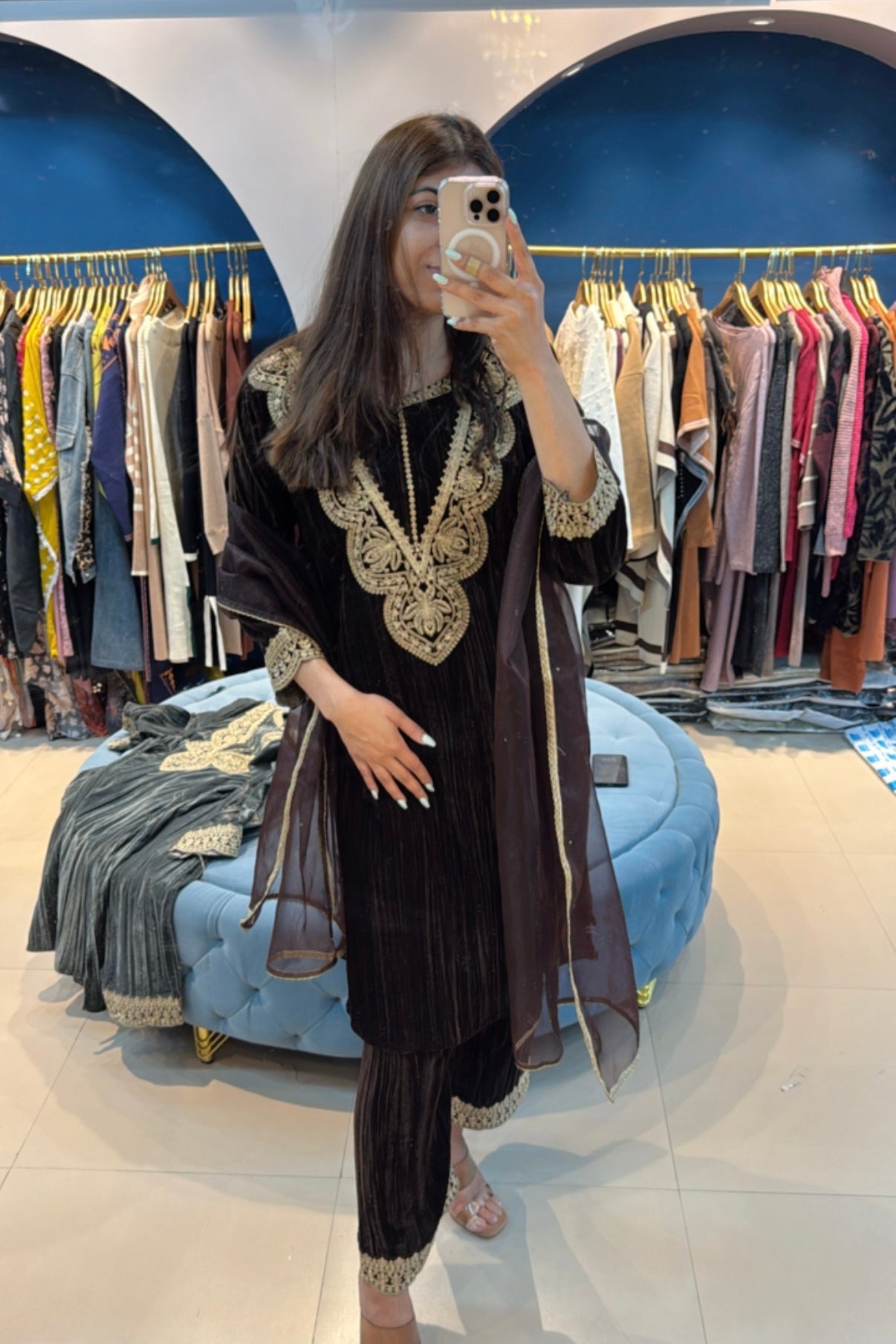 Crushed Velvet Pakistani Suit With Organza Dupatta