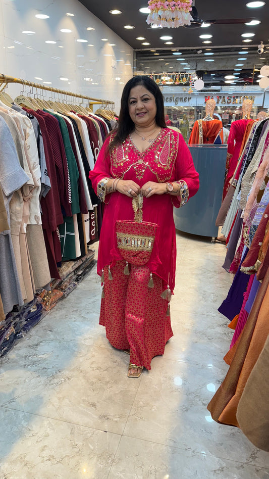 4pc set partywear with banarasi paint nd separate inner and pure organza shirt all handwork with potli bag