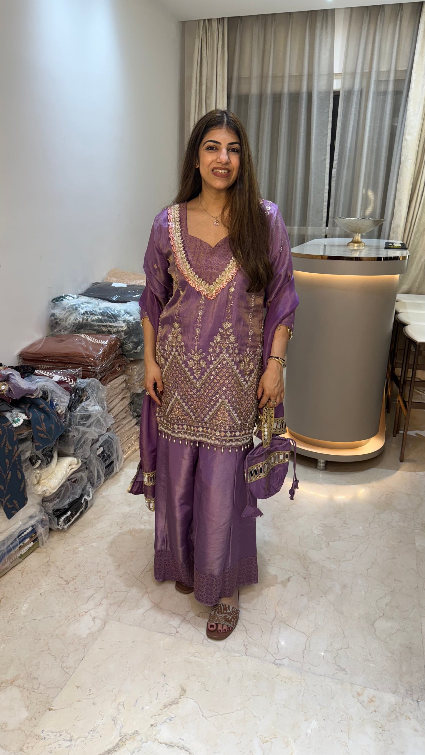 Simmar tissue 4pc partywear set divider kali plazo nd all handwork with potli bag