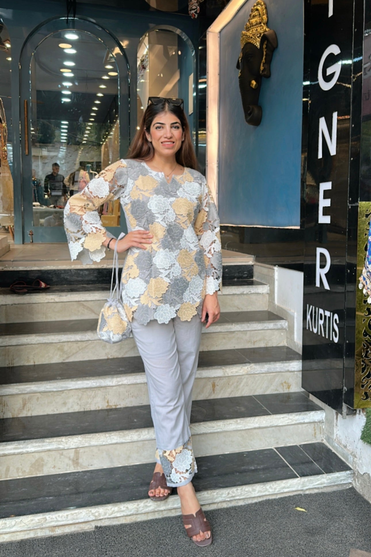 2pc Schiffli Cotton Co-ord Set With Potli