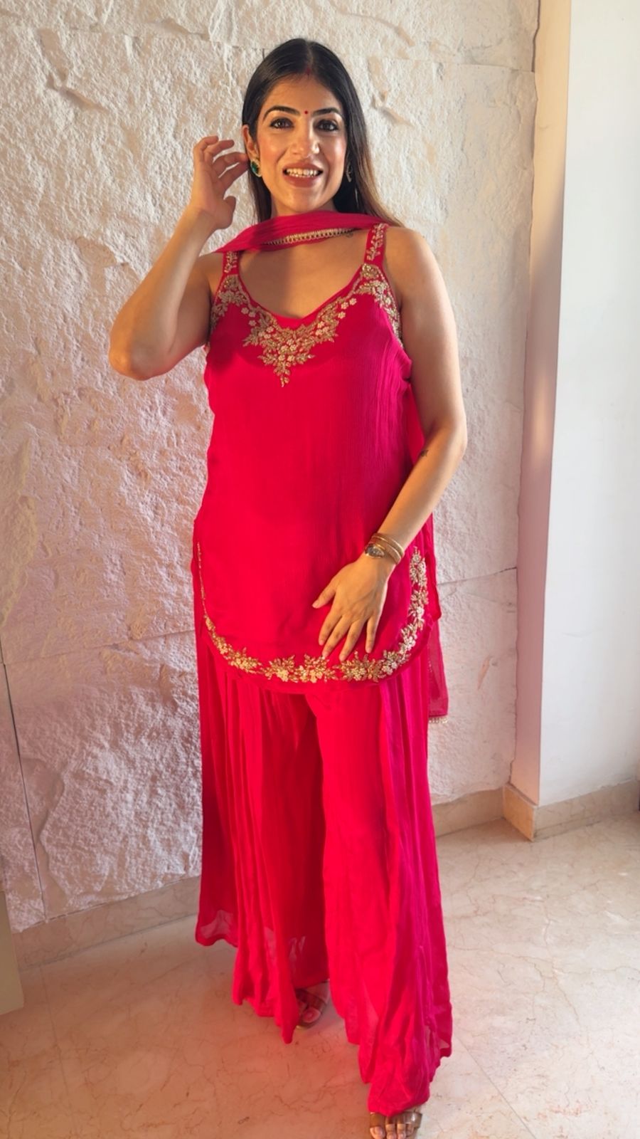 Pure Chinon sharars with apple cut shirt with dupatta and all handwork with sleeves fabric