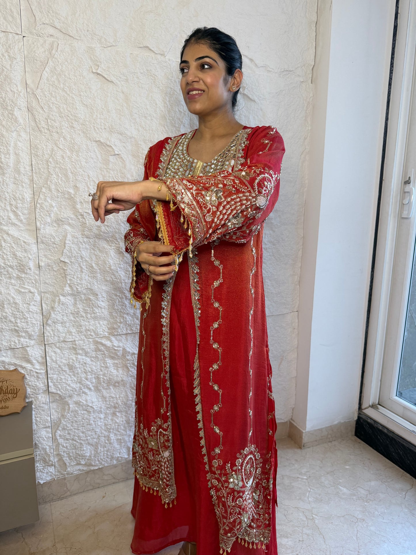 Rust shimmer tissue 2 pc dress with handwork jacket
