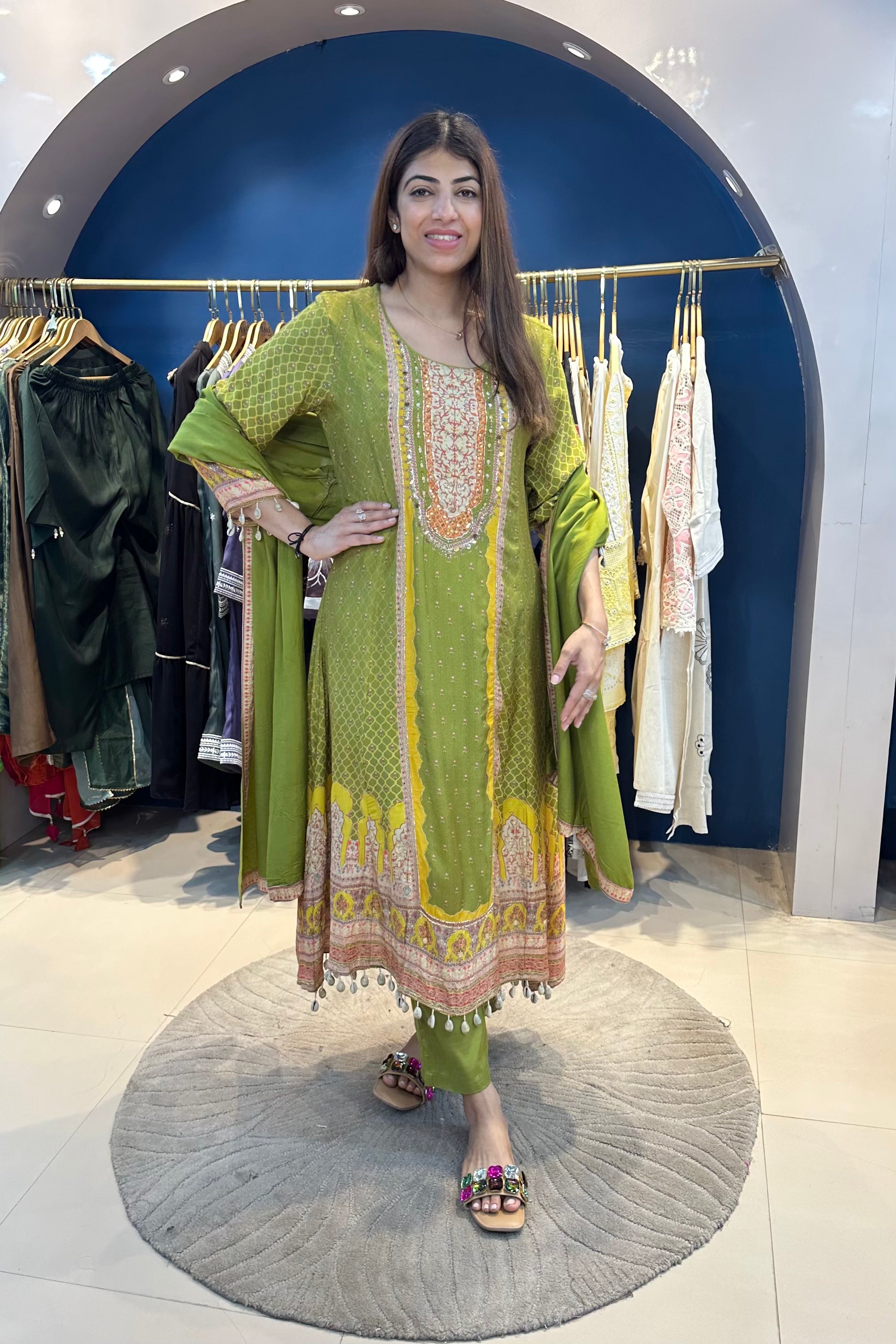 3pc Cotton-Muslin A-line Partywear Suit