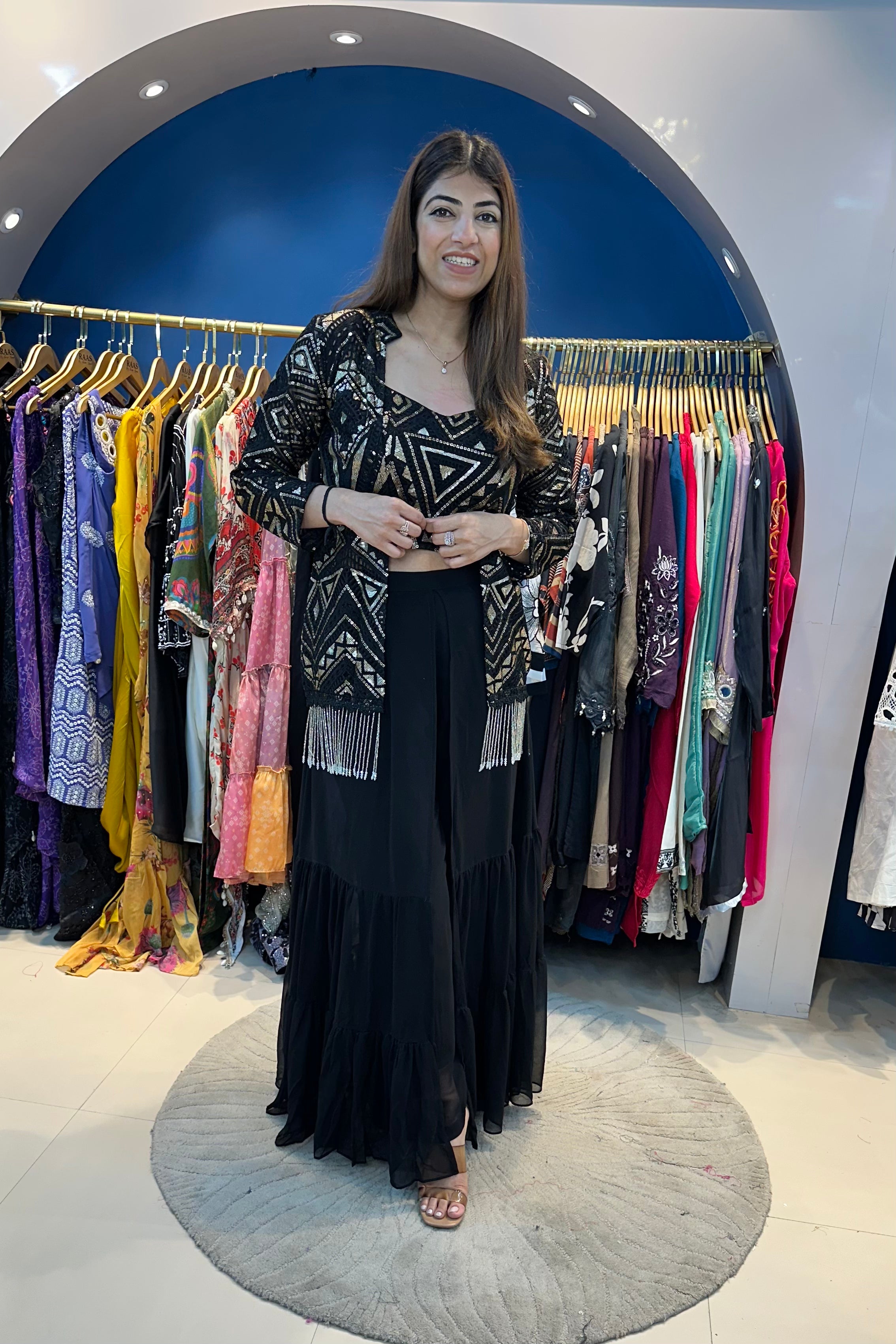 3pc Partywear Indo-western Set With Sequence Work On Choli And Jacket Paired With Sharara
