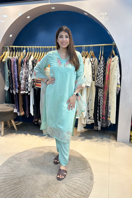 3pc Cotton Suit With Organza Dupatta