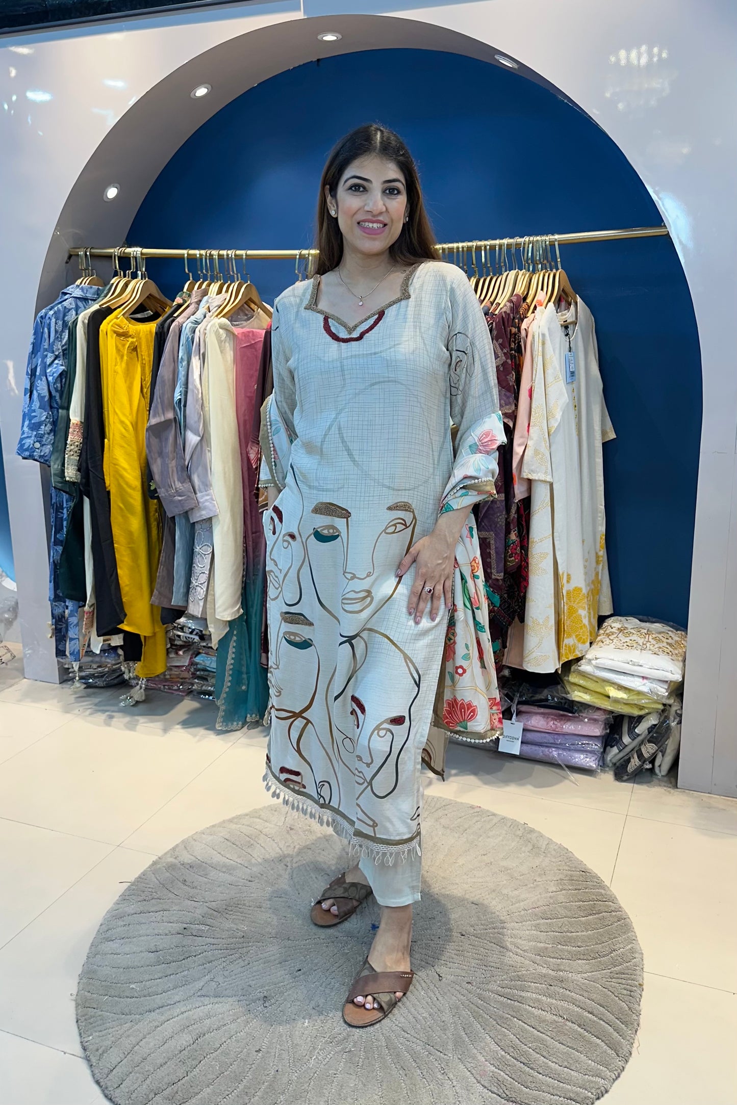 3pc Cotton Face Print Suit With Printed Dupatta