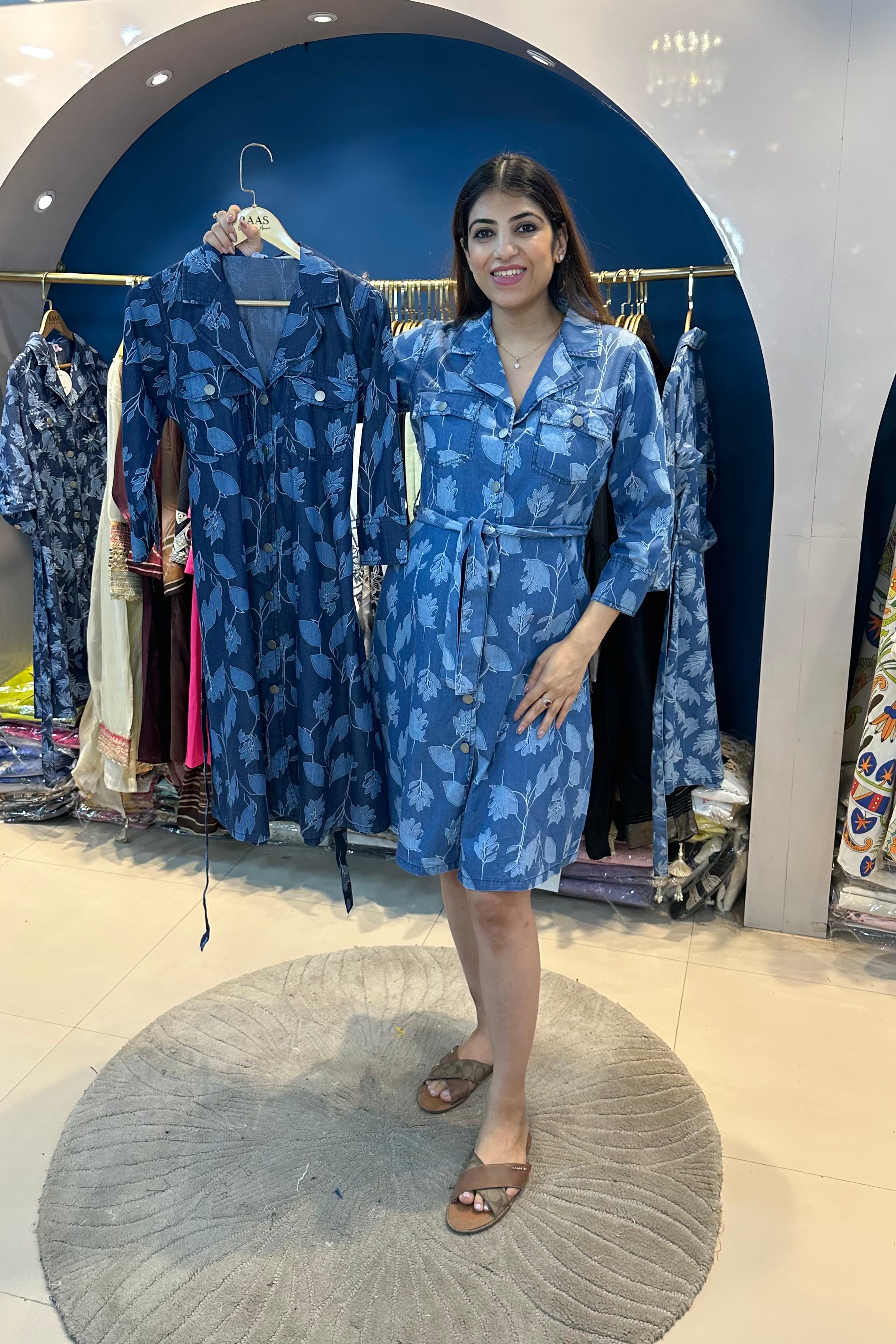 One Piece Cotton Denim Cargo Dress With Belt