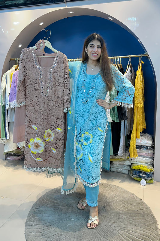 3pc Cotton-Schiffli Partywear Suit With Organza Dupatta