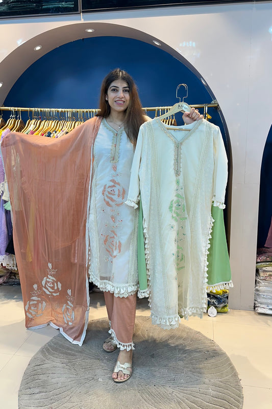 3pc Organza Schiffli Partywear Suit With Cotton Dupatta