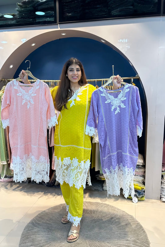 3pc Crochet-Schiffli Cotton Suit With net Dupatta