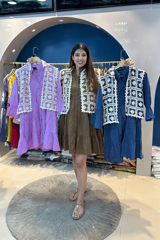 One-Piece Cotton Short Dress With Short Crochet Jacket