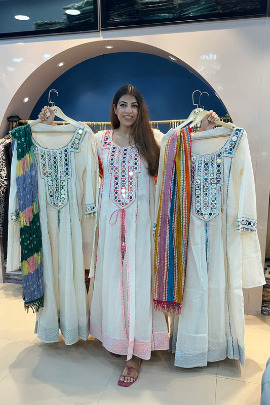 3pc Bandhani Long Cotton Anarkali Suit With Bandhani Dupatta