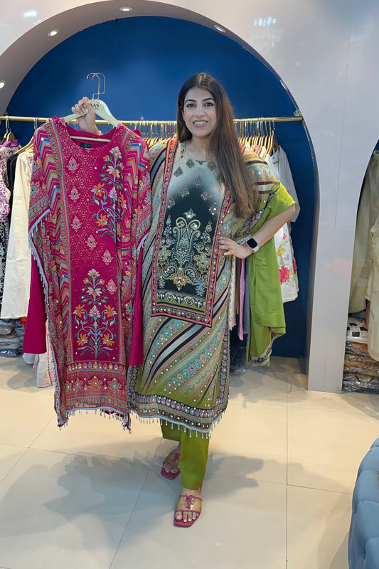 3pc Chinon Partywear Digital Kaftan Set With Dupatta
