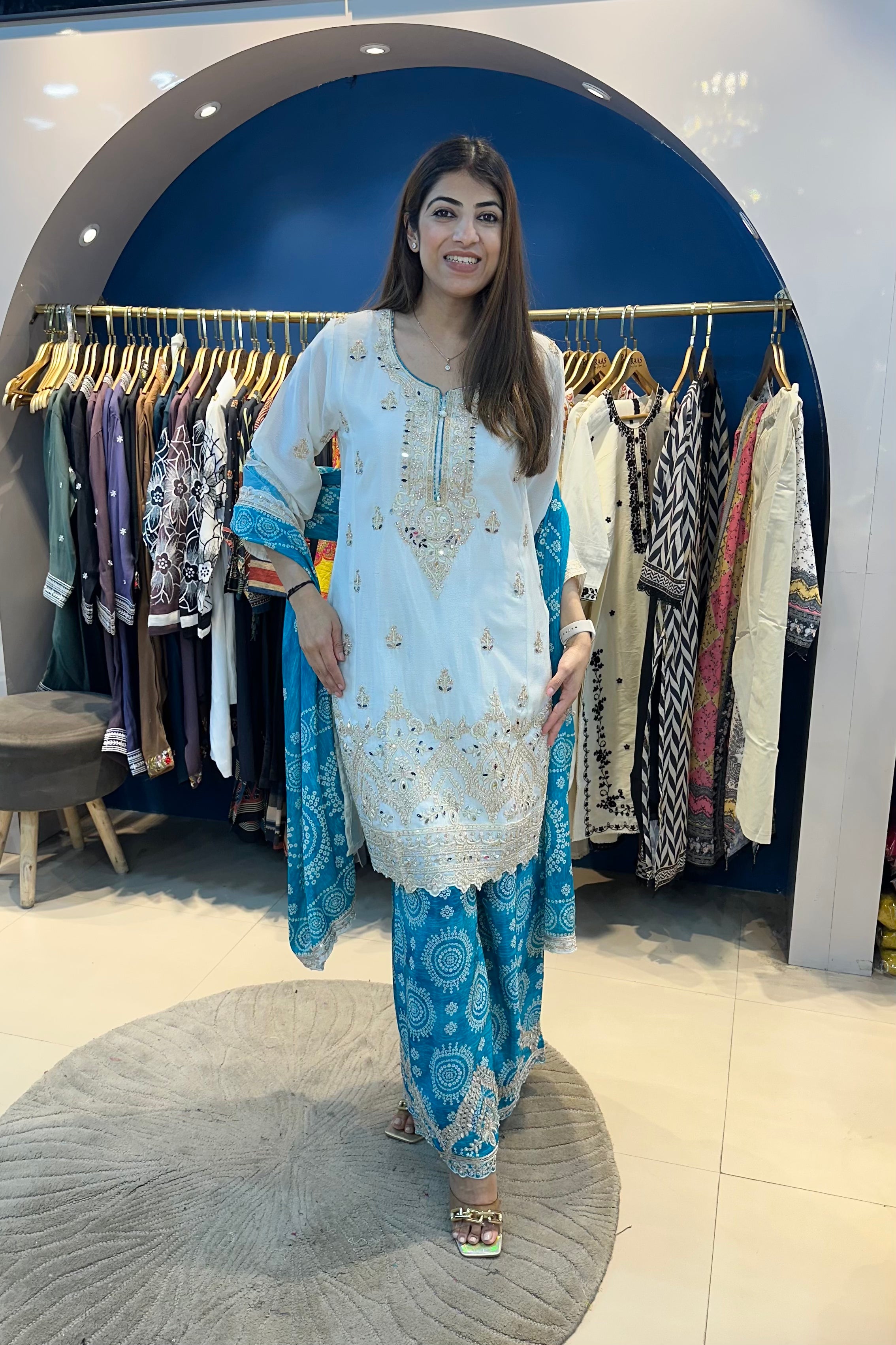 3pc Chinon Partywear Suit Paired With Bandhani Plazzo And Bandhani Dupatta