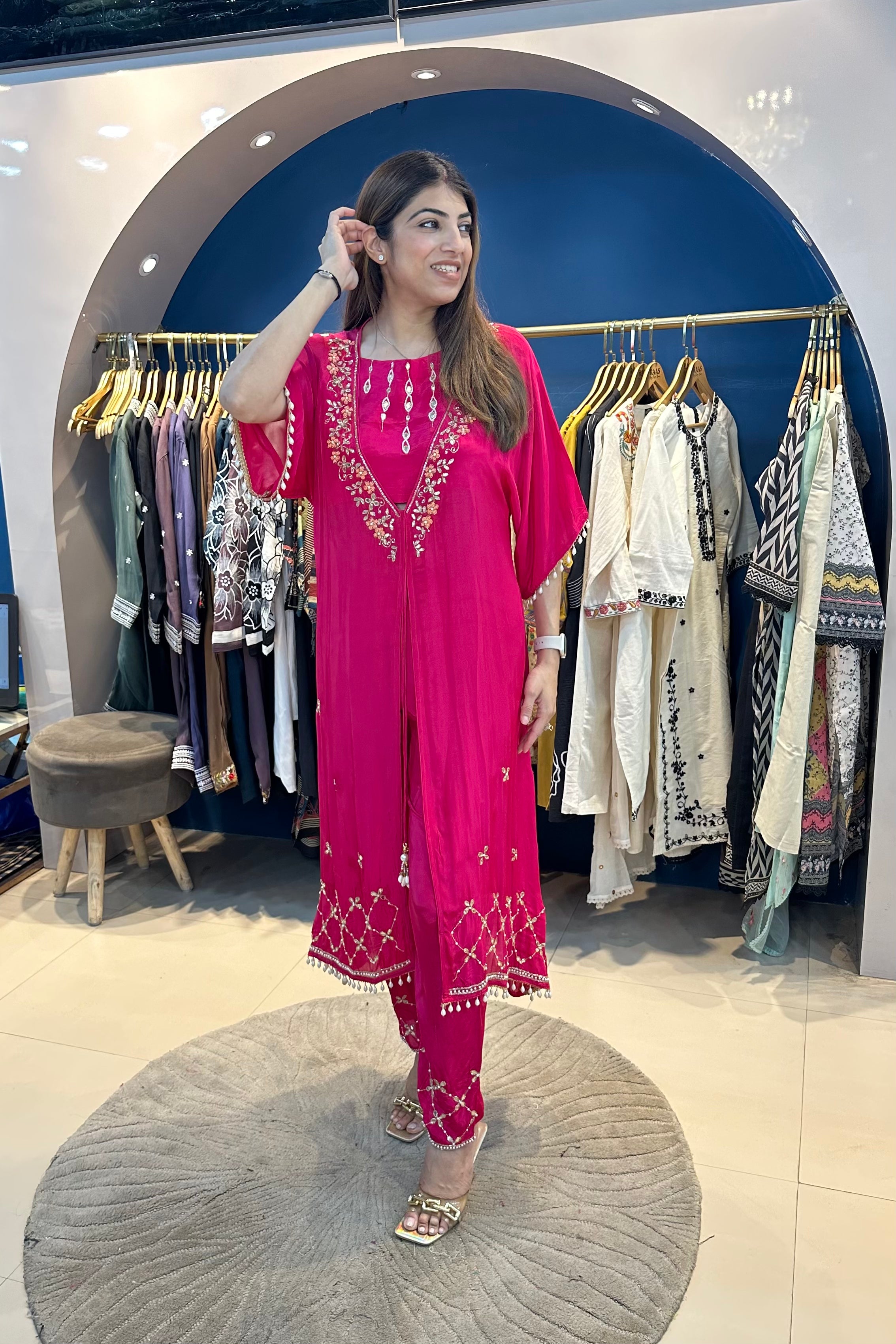 3pc A-line Crepe Partywear Set With Choli And Attached Cape