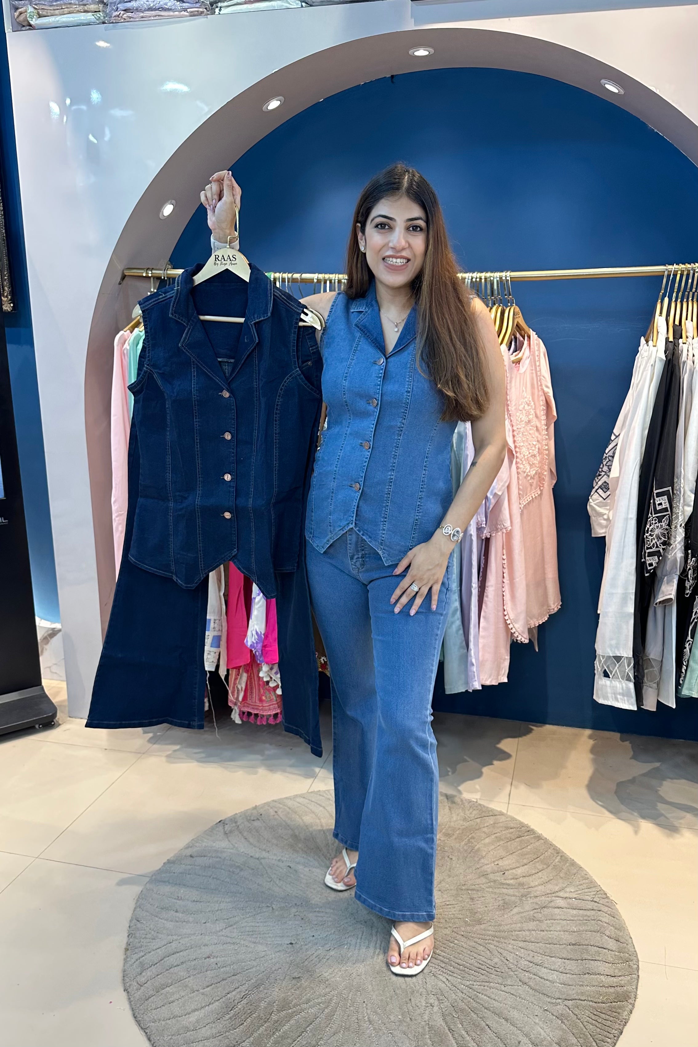 2pc Sleeveless Denim Co-ord Set Paired With Bell-bottom Pants