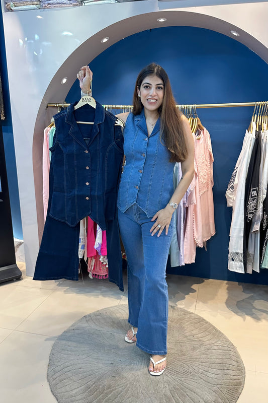 2pc Sleeveless Denim Co-ord Set Paired With Bell-bottom Pants