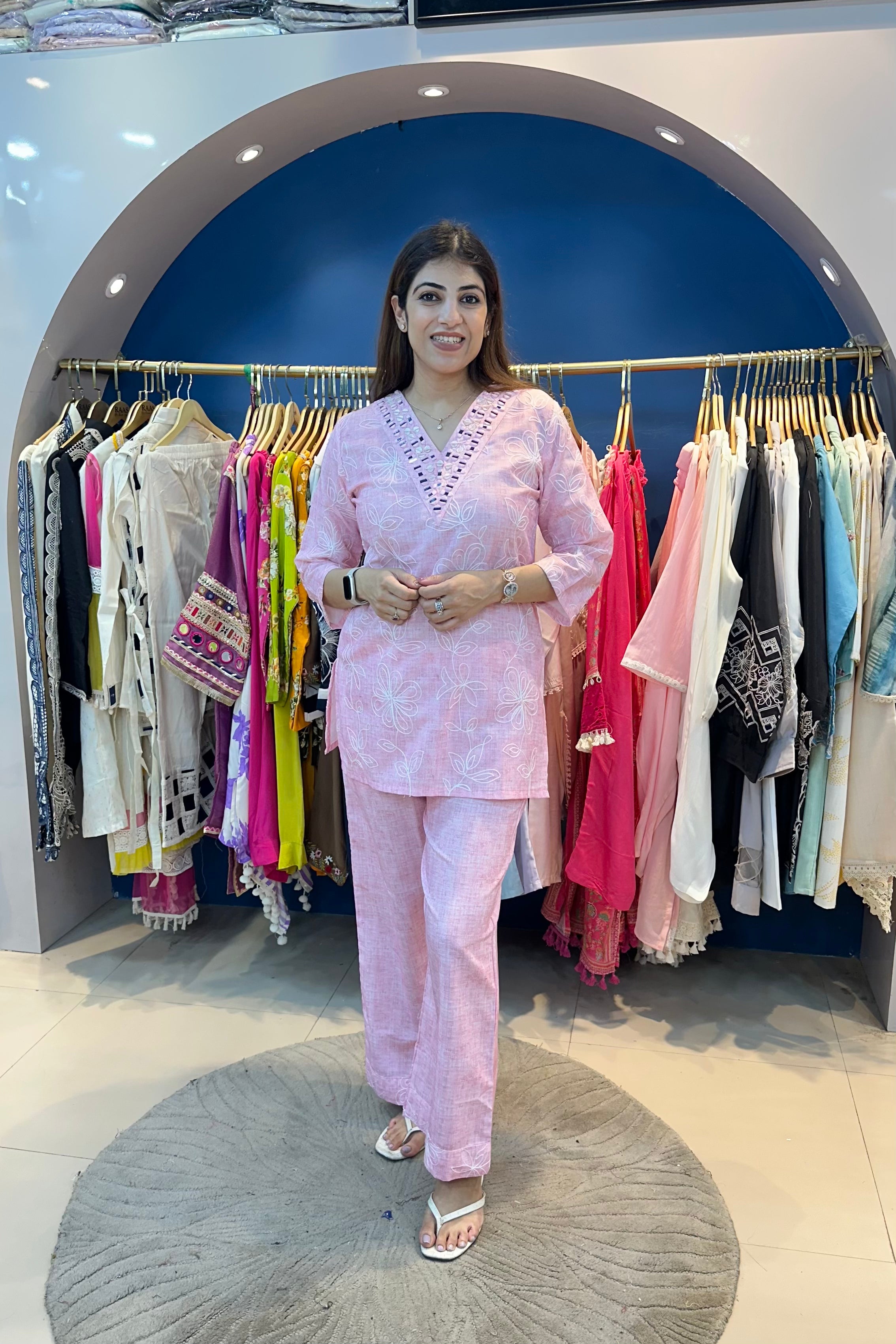 2pc Cotton Embroidered Co-ord Set Paired With Printed Plazzos