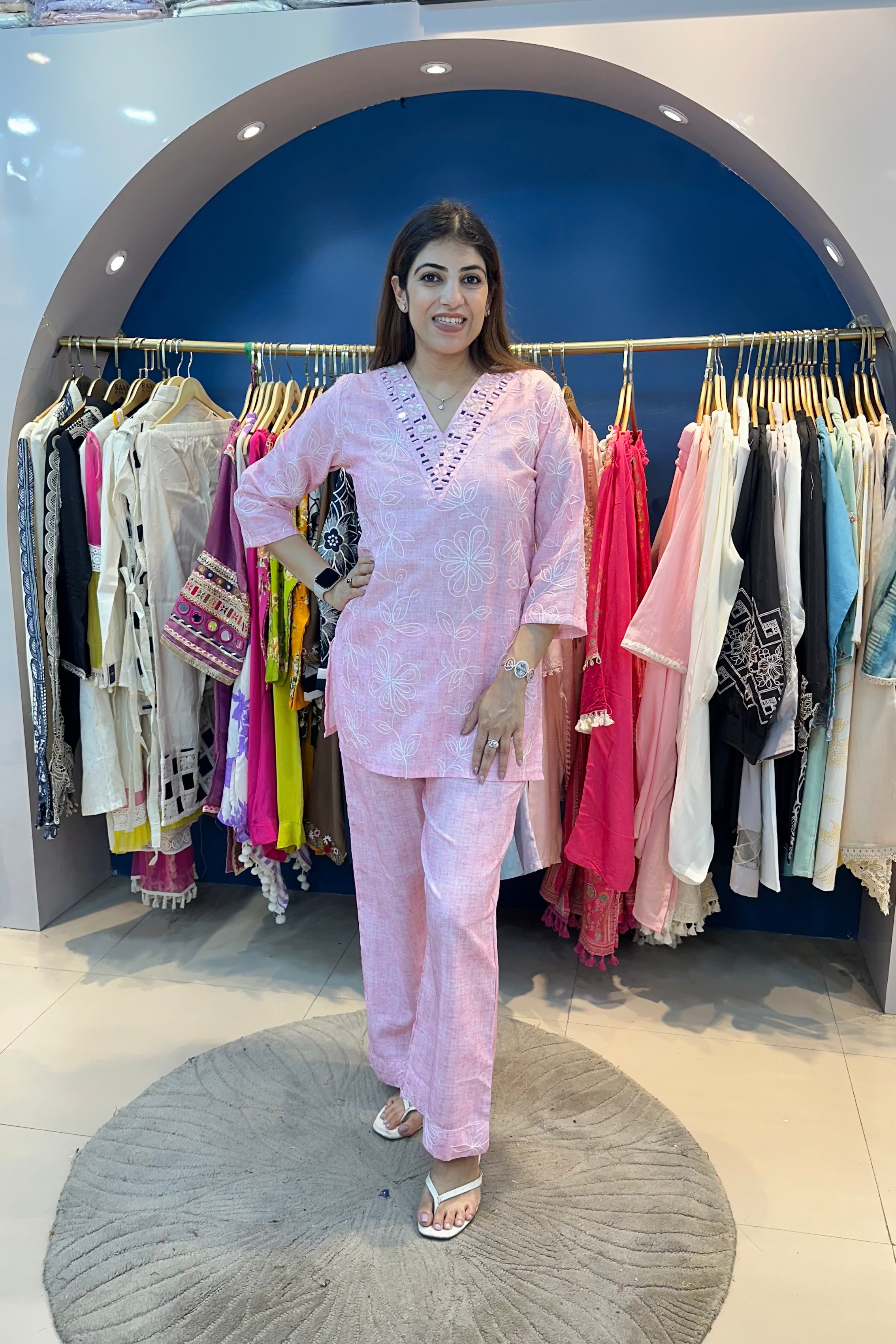 2pc Cotton Embroidered Co-ord Set Paired With Printed Plazzos