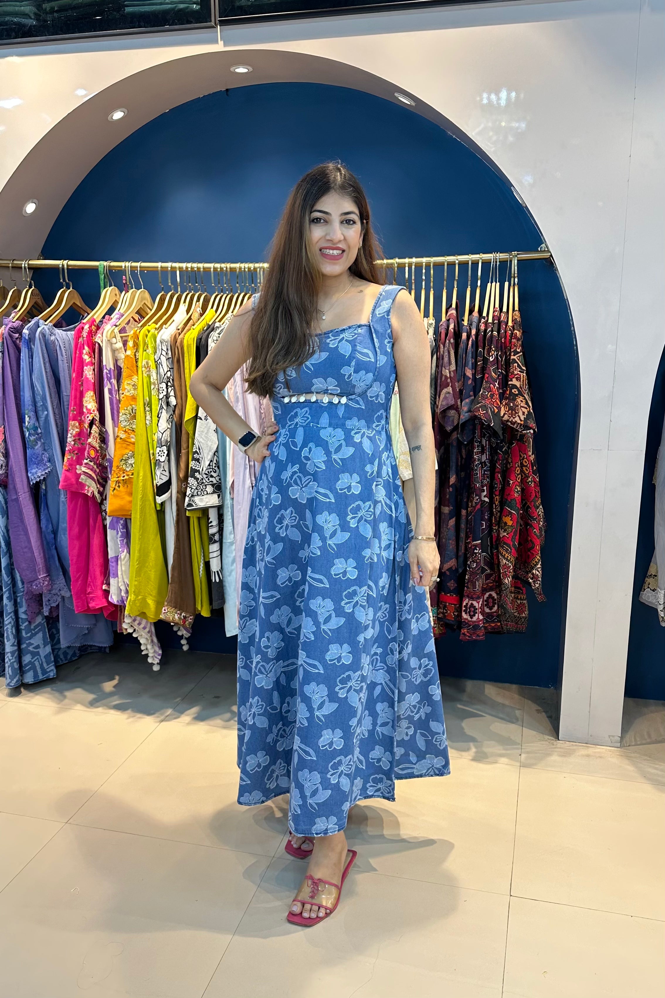 One Piece Printed Denim Dress