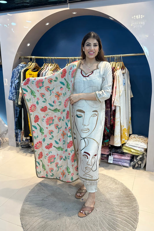 3pc Cotton Face Print Suit With Printed Dupatta