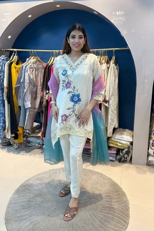 2pc Shimmer-Chanderi C-Cut Suit With Ombre Dupatta