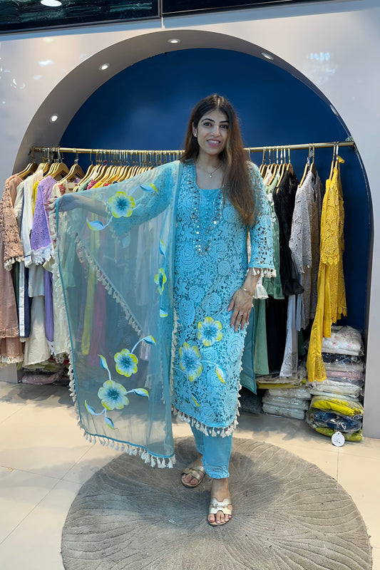 3pc Cotton-Schiffli Partywear Suit With Organza Dupatta