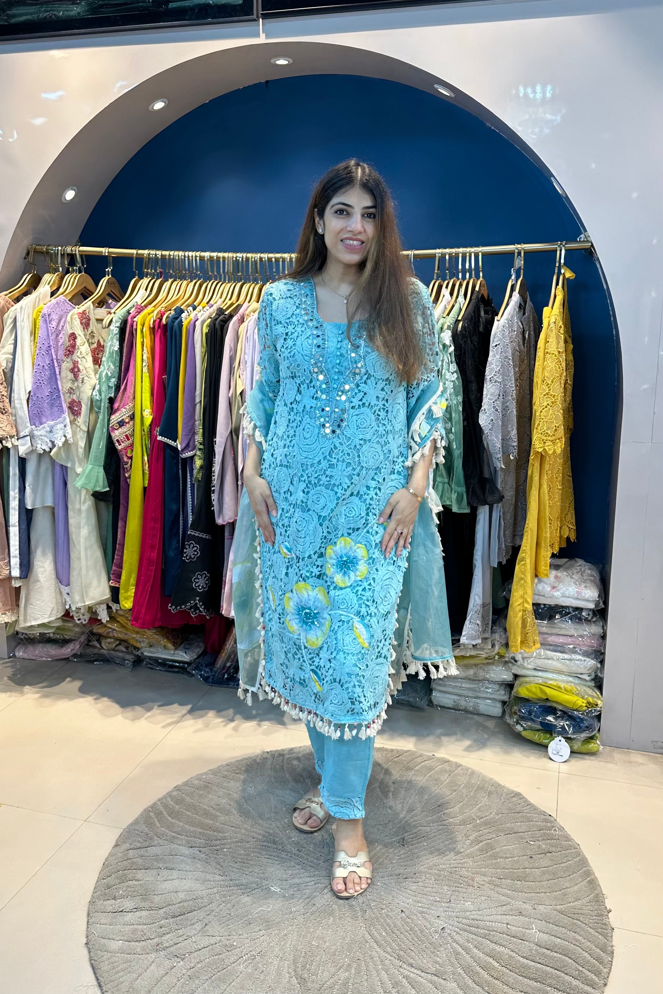 3pc Cotton-Schiffli Partywear Suit With Organza Dupatta