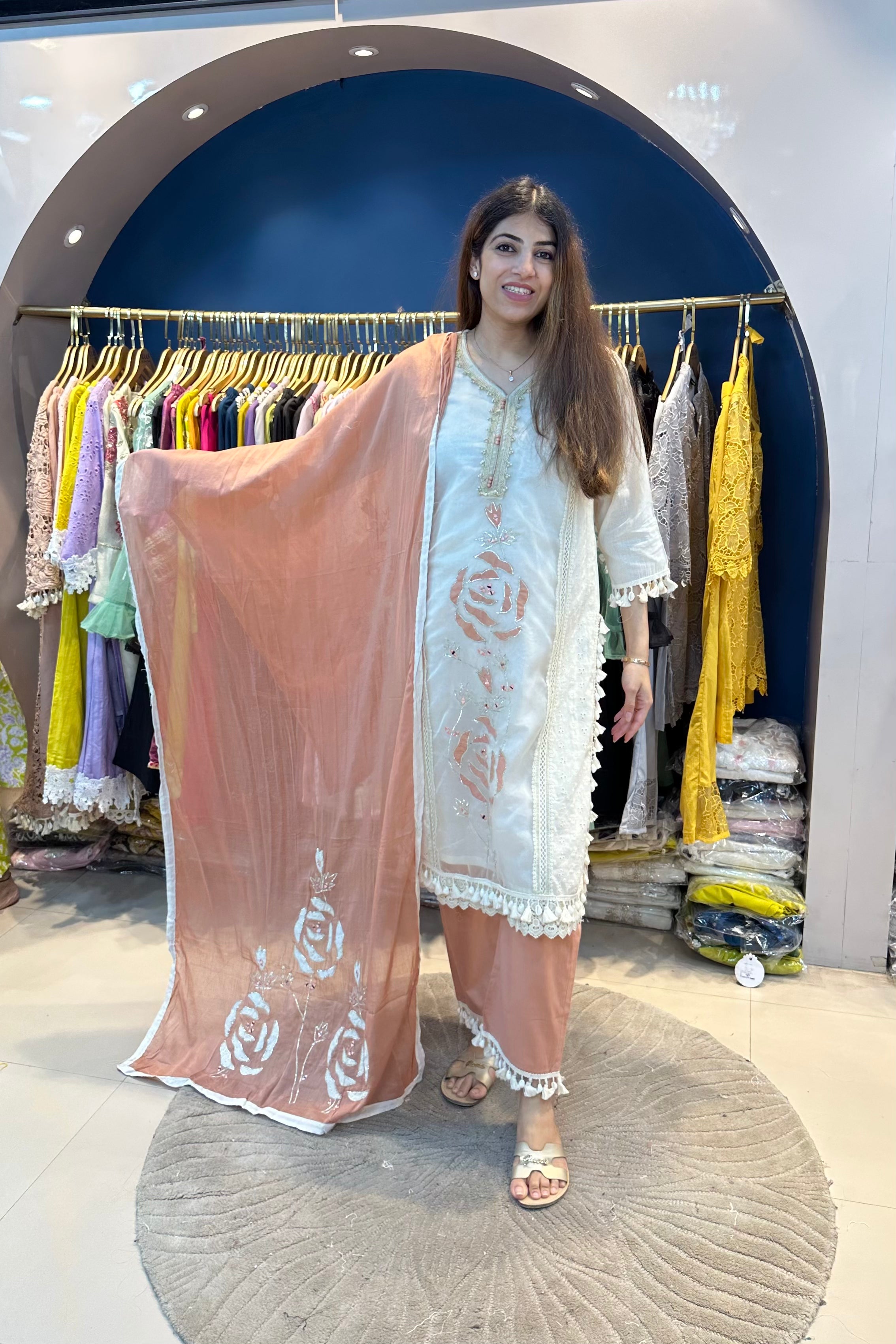 3pc Organza Schiffli Partywear Suit With Cotton Dupatta