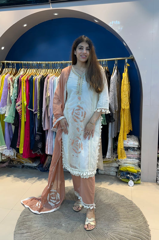 3pc Organza Schiffli Partywear Suit With Cotton Dupatta