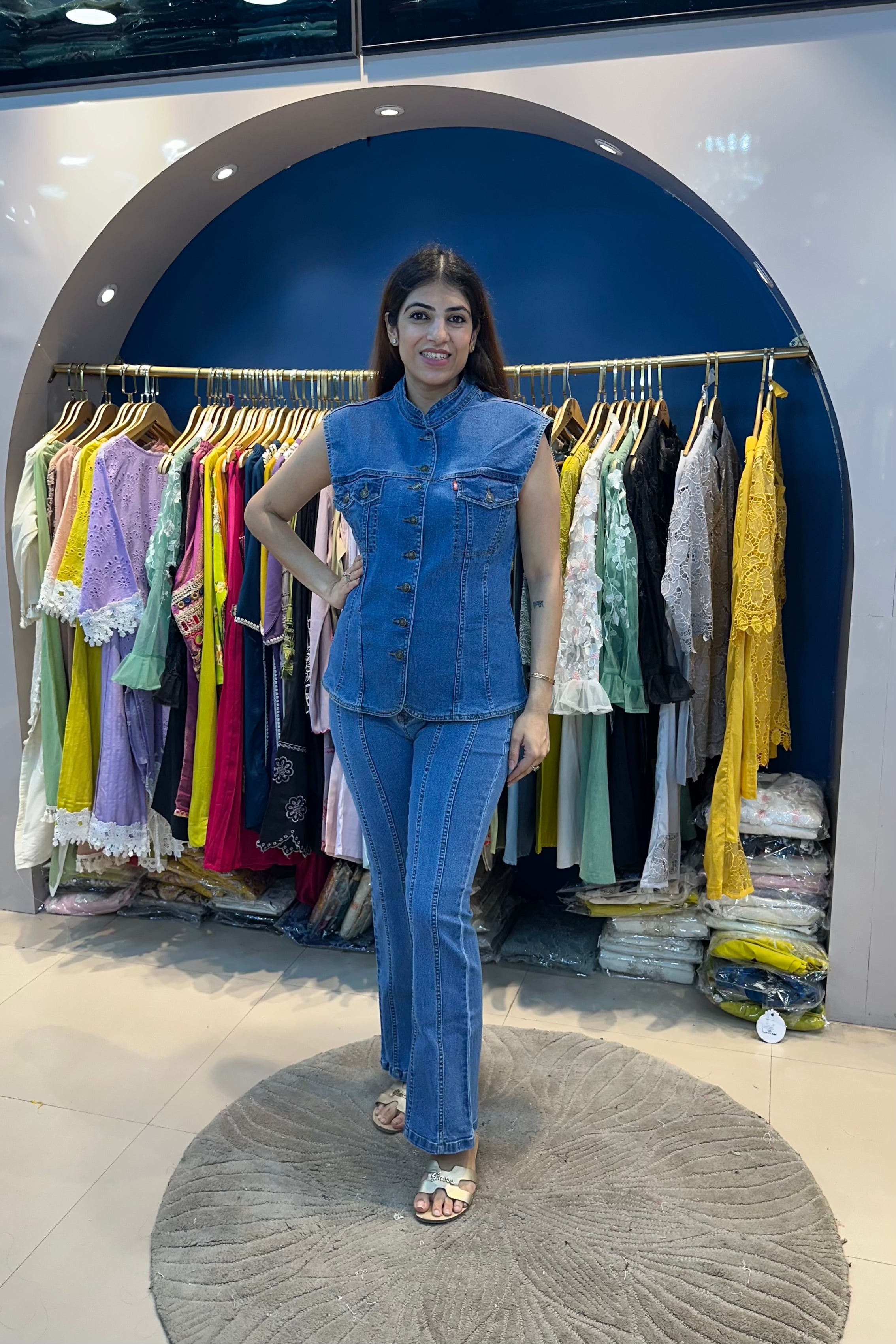2pc Sleeveless Cargo Denim Stretchable Co-ord Set Paired with Bell-bottom Pants