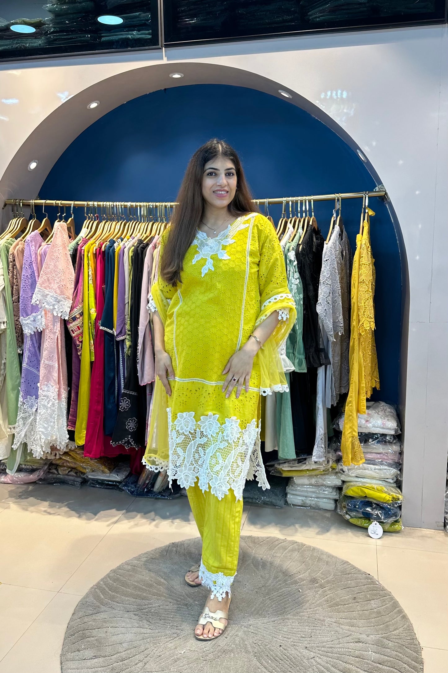 3pc Crochet-Schiffli Cotton Suit With net Dupatta