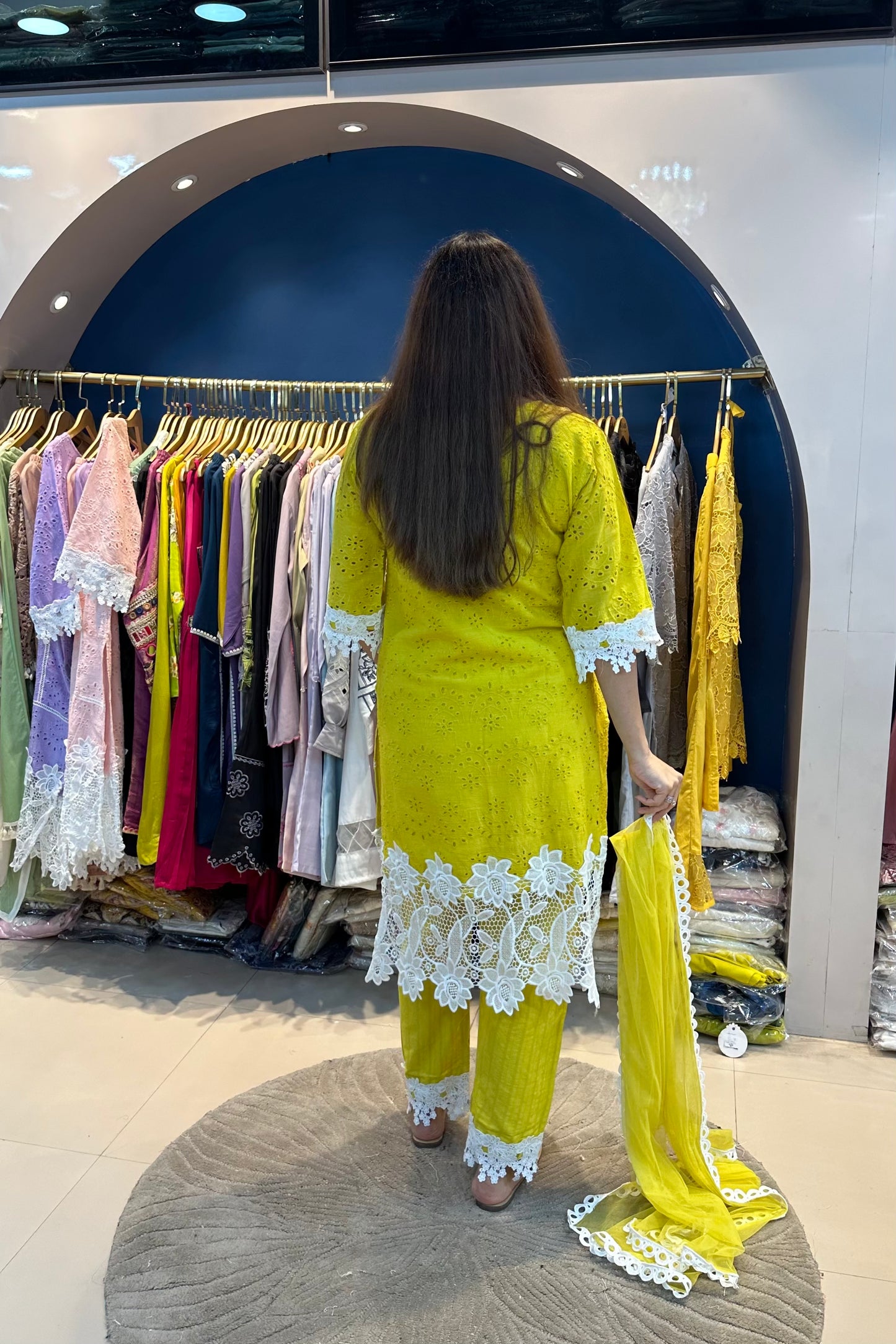 3pc Crochet-Schiffli Cotton Suit With net Dupatta