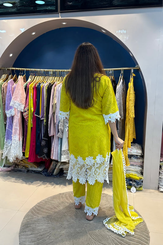 3pc Crochet-Schiffli Cotton Suit With net Dupatta
