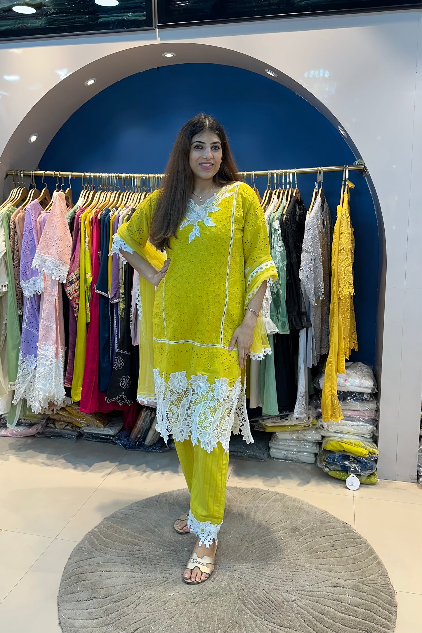 3pc Crochet-Schiffli Cotton Suit With net Dupatta
