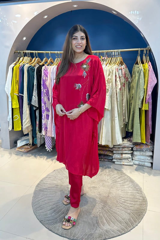 3pc Crepe Embroidered Kaftan Set Paired With Short Inner Bust Air