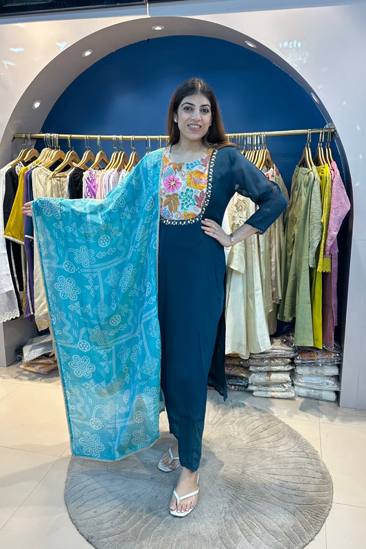3pc Organza Partywear Suit With Printed Bandhej Dupatta