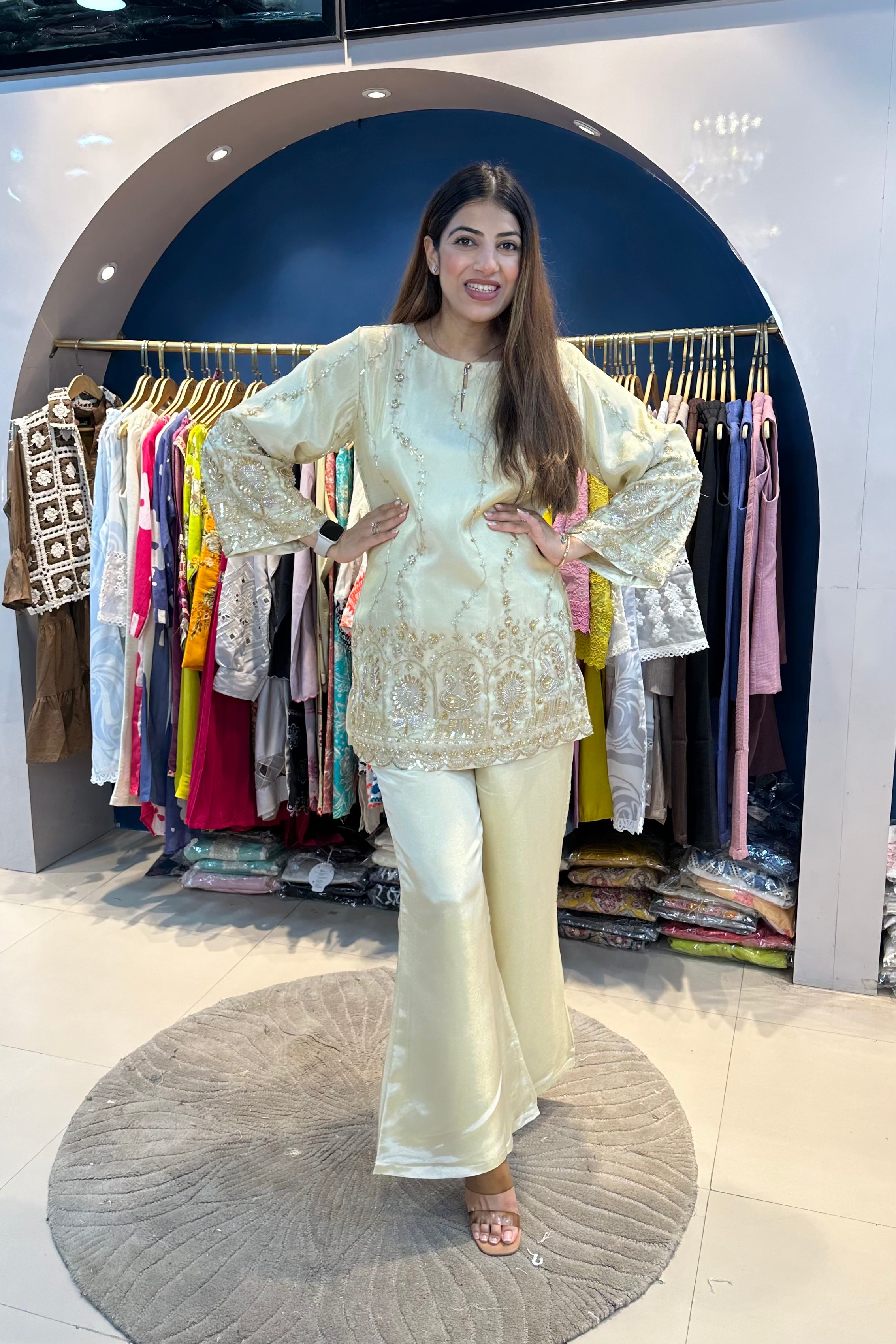 2pc Shimmer Tissue Partywear Co-ord Set Paired With Bell-Bottom Pants