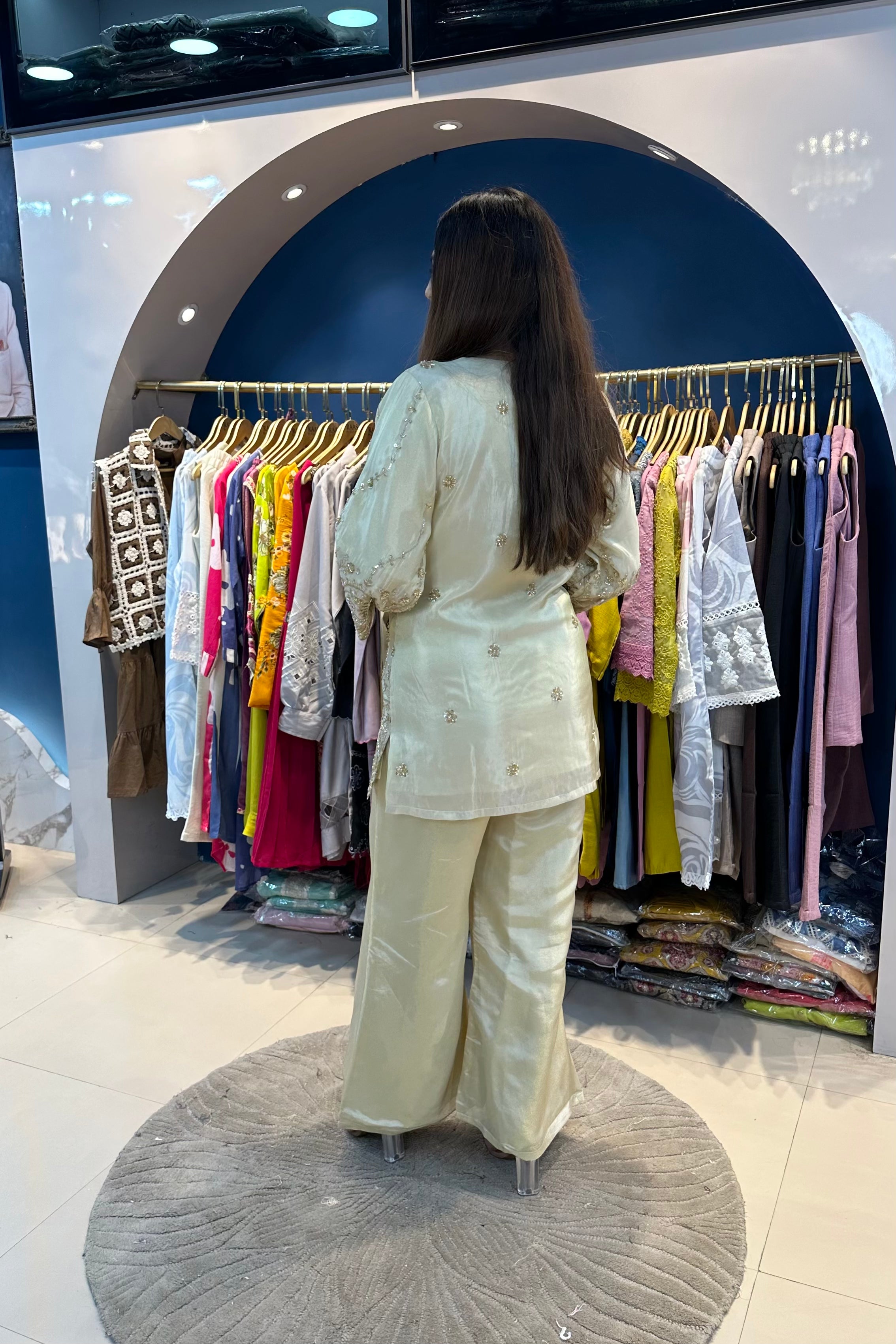 2pc Shimmer Tissue Partywear Co-ord Set Paired With Bell-Bottom Pants