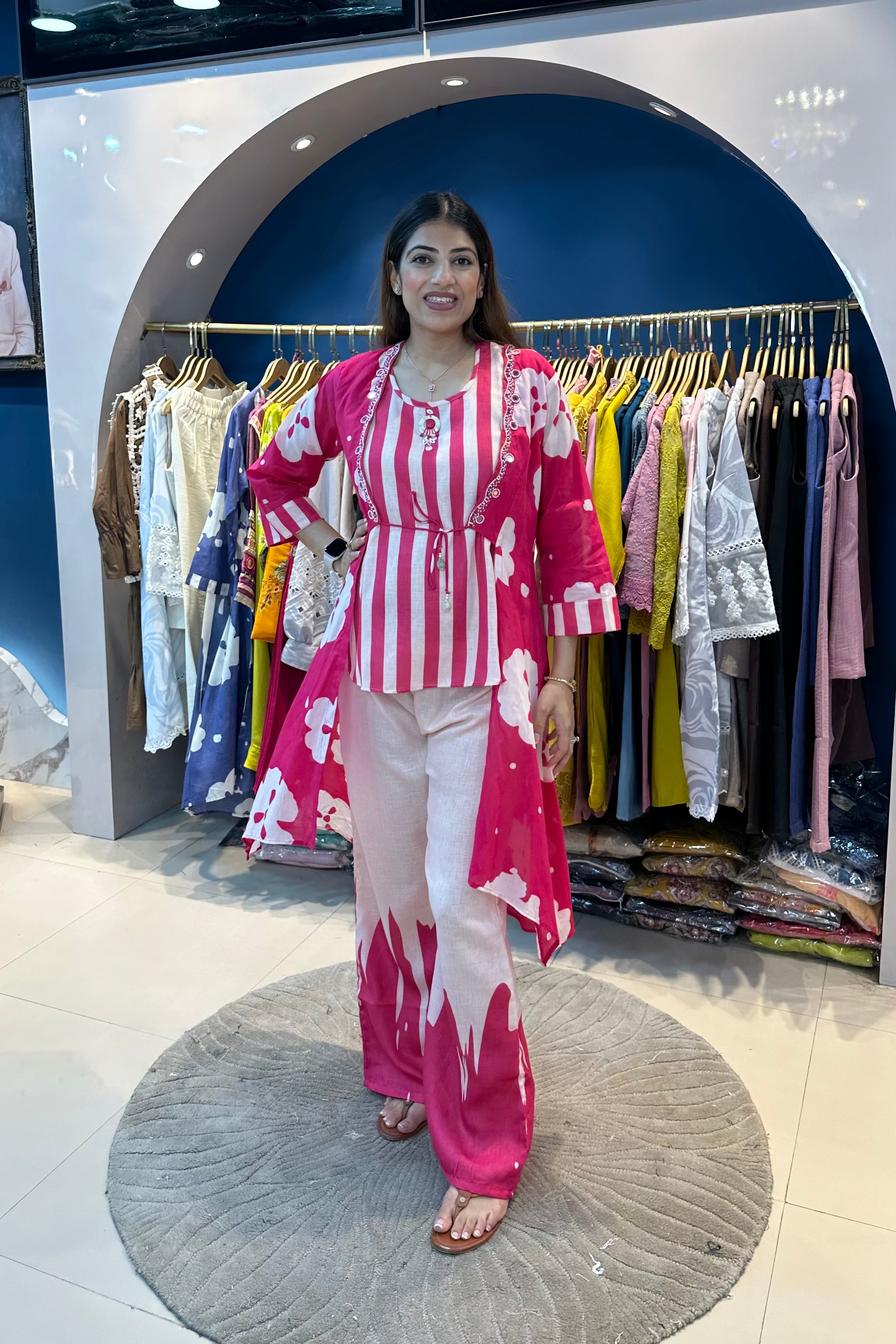 3pc Striped Co-ord Set With Printed Jacket