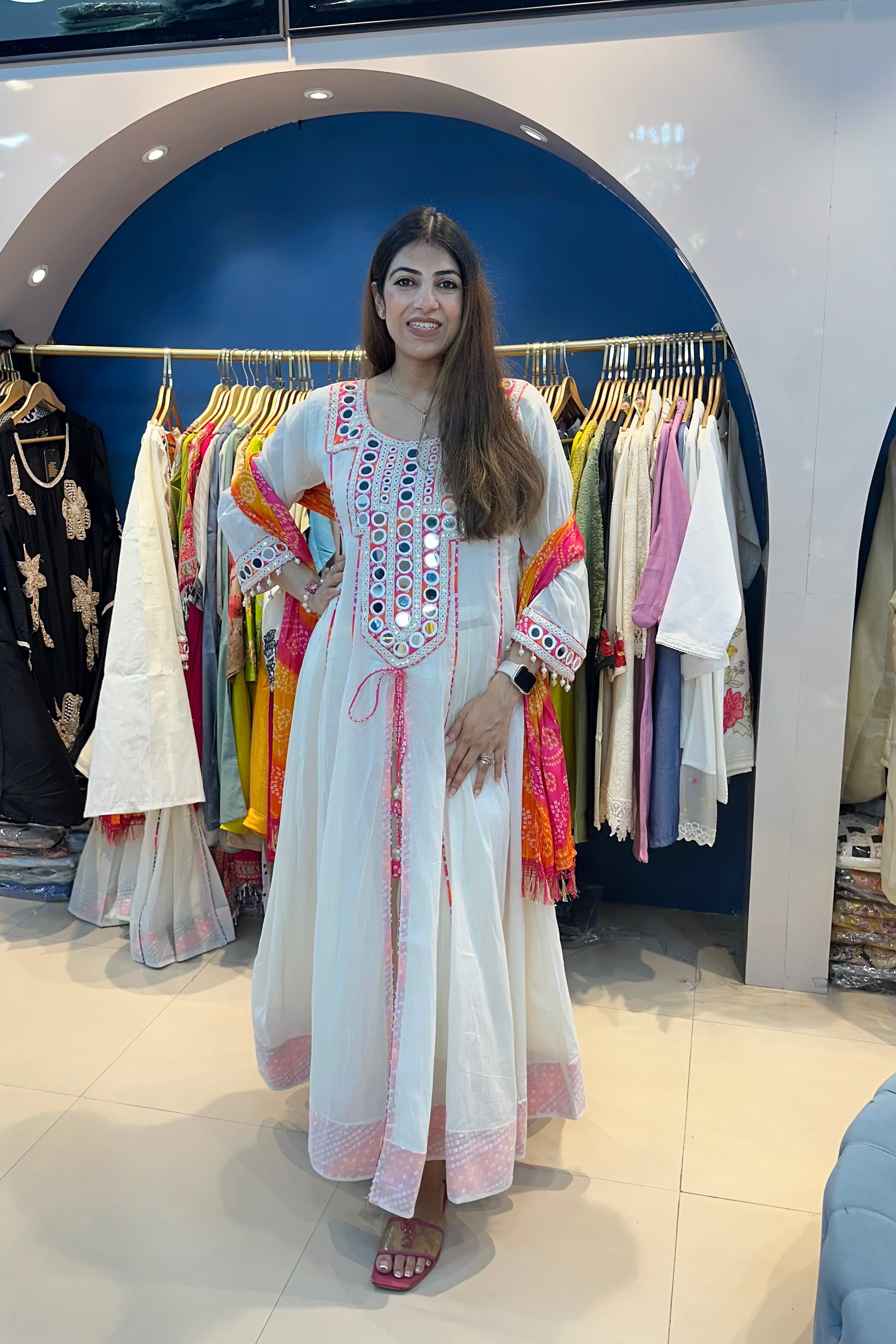 3pc Bandhani Long Cotton Anarkali Suit With Bandhani Dupatta