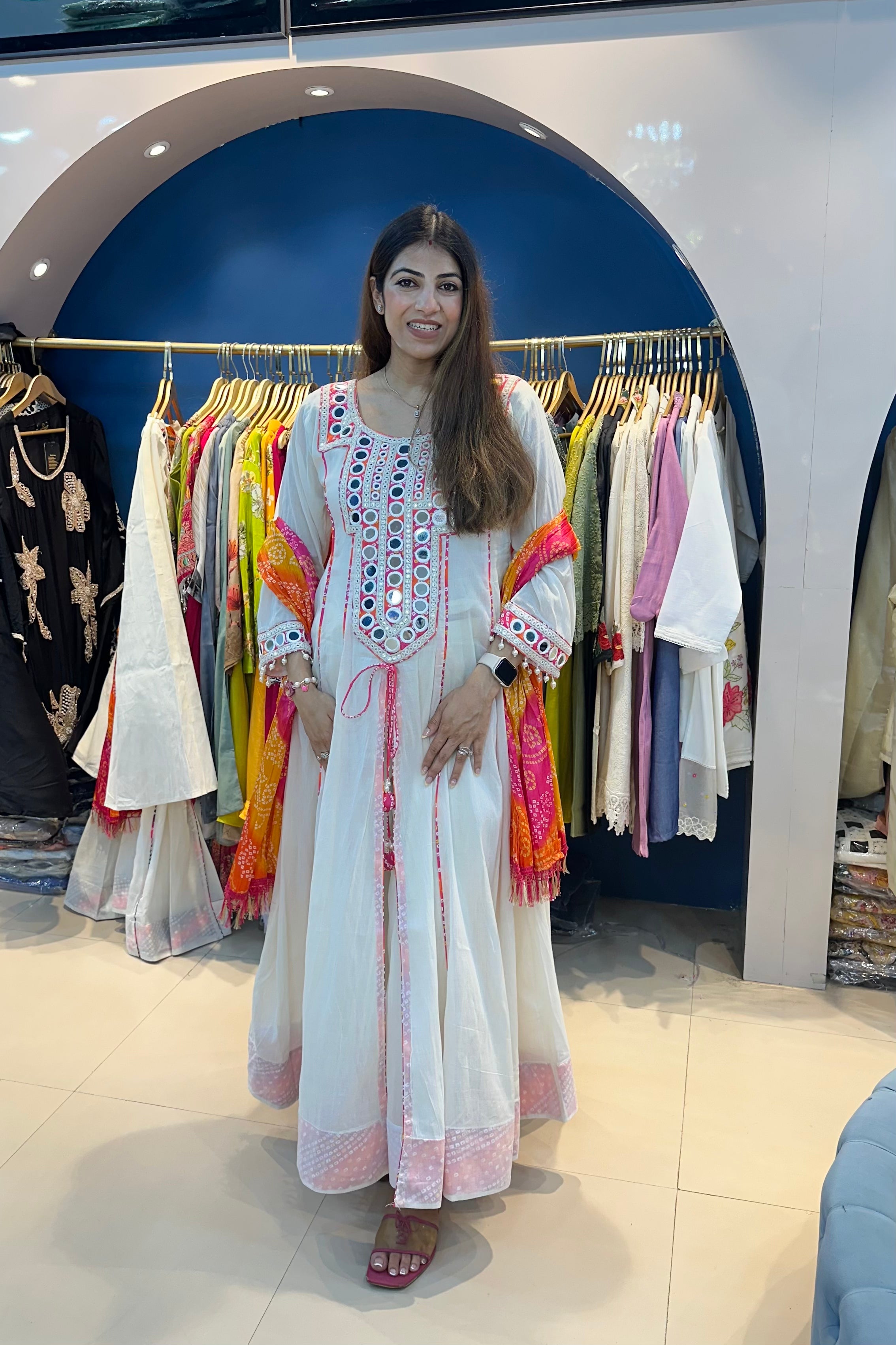 3pc Bandhani Long Cotton Anarkali Suit With Bandhani Dupatta