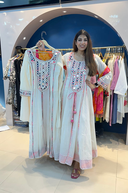 3pc Bandhani Long Cotton Anarkali Suit With Bandhani Dupatta