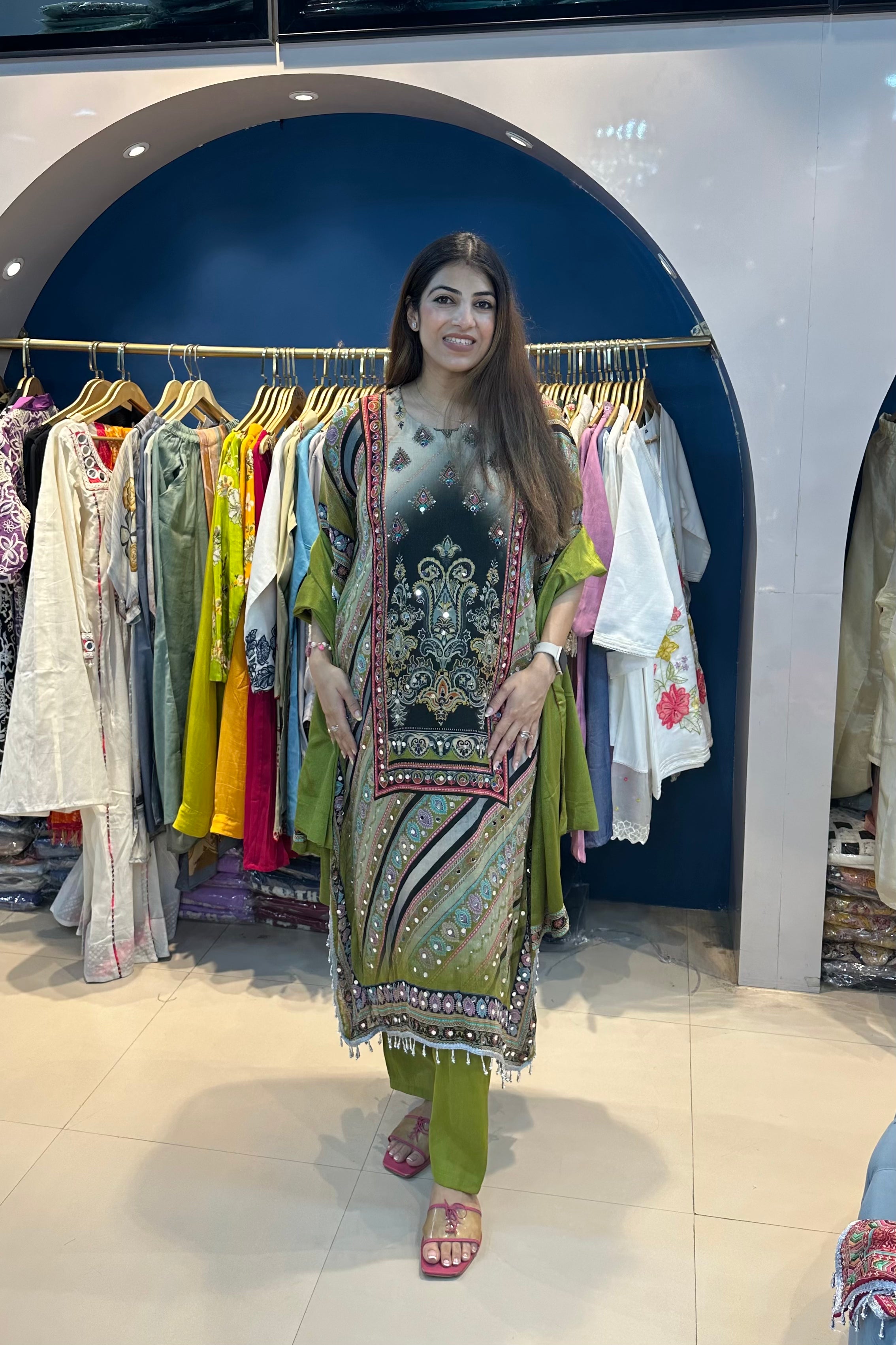 3pc Chinon Partywear Digital Kaftan Set With Dupatta