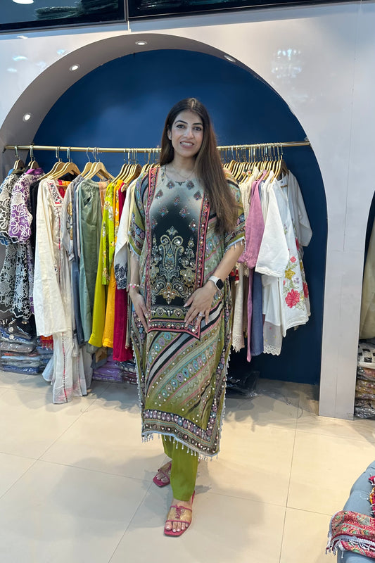 3pc Chinon Partywear Digital Kaftan Set With Dupatta