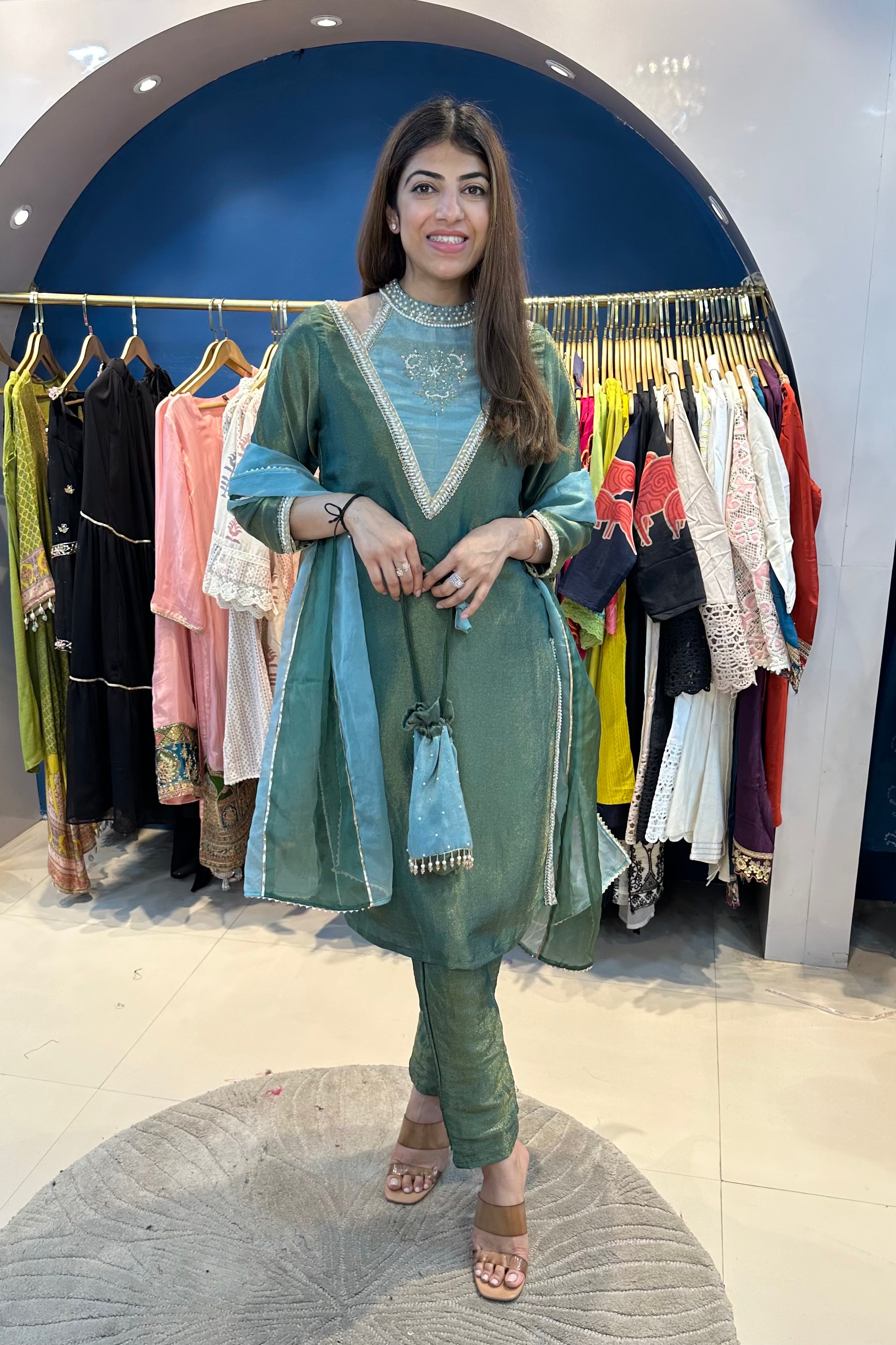4pc Shimmer Tissue Suit With Potli And Organza Dupatta